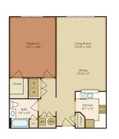Floor plan for 1 bed, 1 bath, 880 sqft