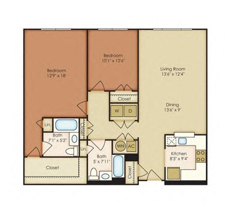 Floor plan for 2 beds, 2 baths, 1348 sqft