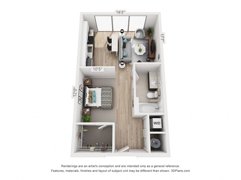 Floor plan for studio, 1 bath, 572 sqft