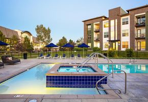 Broomfield apartment for rent - pool and spa at night at RockVue, Broomfield, 80021