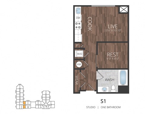 Floor plan for studio, 1 bath, 469 sqft
