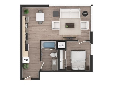 Floor plan for 1 bed, 1 bath, 568 sqft