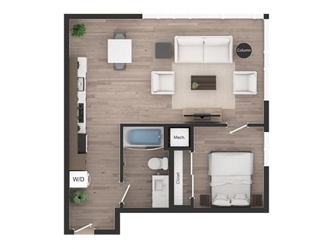 Floor plan for 1 bed, 1 bath, 628 sqft