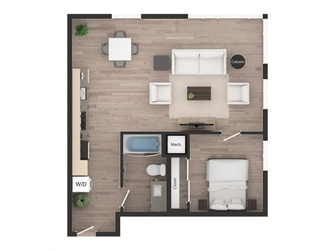 Floor plan for 1 bed, 1 bath, 691 sqft