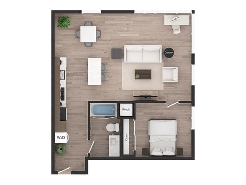 Floor plan for 1 bed, 1 bath, 758 sqft