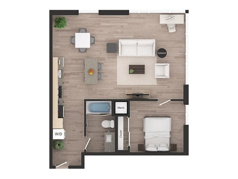 Floor plan for 1 bed, 1 bath, 827 sqft