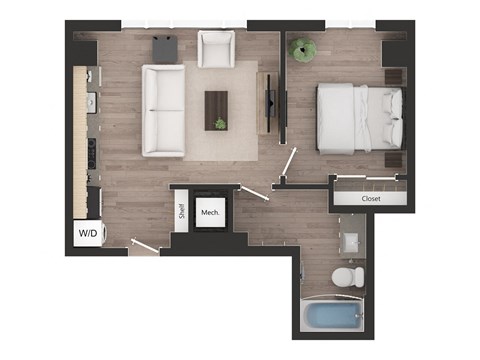 Floor plan for 1 bed, 1 bath, 511 sqft