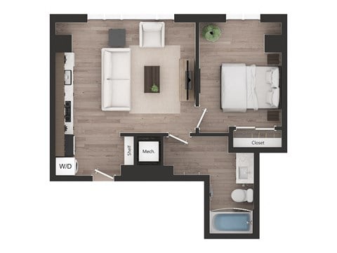 Floor plan for 1 bed, 1 bath, 534 sqft