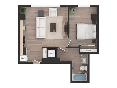 Floor plan for 1 bed, 1 bath, 556 sqft