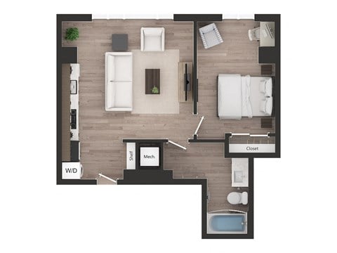 Floor plan for 1 bed, 1 bath, 579 sqft