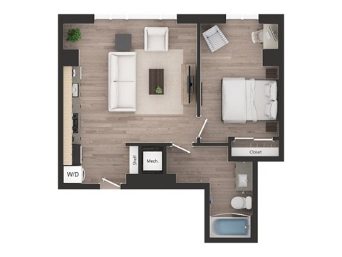 Floor plan for 1 bed, 1 bath, 601 sqft