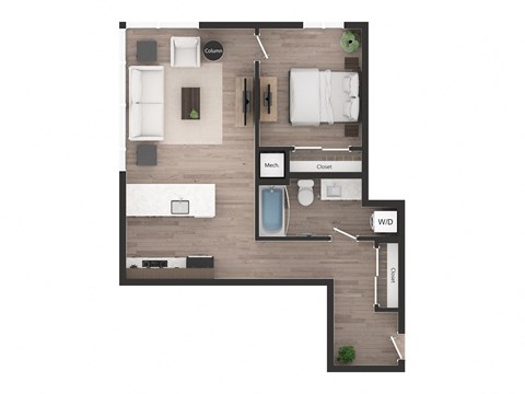 Floor plan for 1 bed, 1 bath, 697 sqft