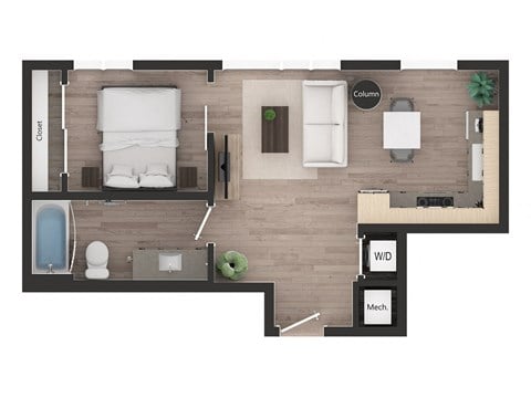 Floor plan for 1 bed, 1 bath, 501 sqft