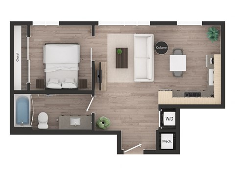 Floor plan for 1 bed, 1 bath, 555 sqft