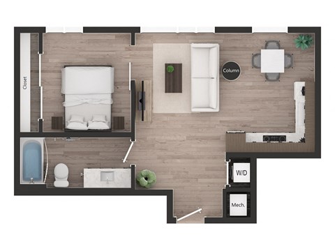 Floor plan for 1 bed, 1 bath, 582 sqft