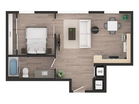 Floor plan for 1 bed, 1 bath, 609 sqft