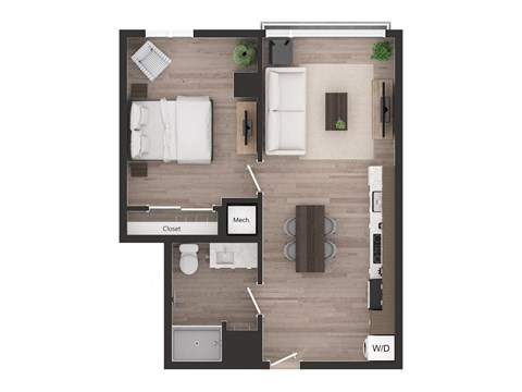 Floor plan for 1 bed, 1 bath, 617 sqft