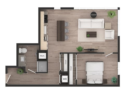 Floor plan for 1 bed, 1 bath, 750 sqft