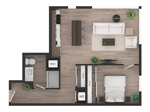 Floor plan for 1 bed, 1 bath, 730 sqft