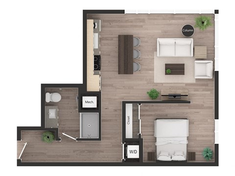 Floor plan for 1 bed, 1 bath, 707 sqft