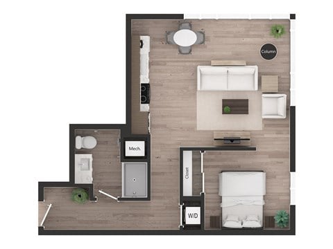 Floor plan for 1 bed, 1 bath, 681 sqft