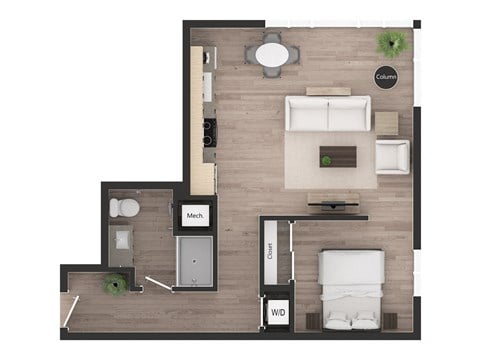 Floor plan for 1 bed, 1 bath, 653 sqft