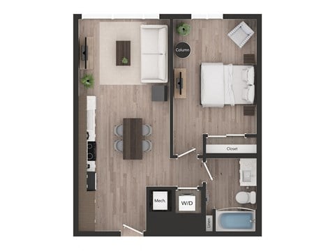 Floor plan for 1 bed, 1 bath, 667 sqft