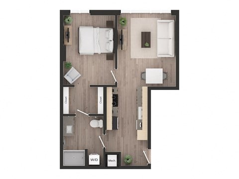 Floor plan for 1 bed, 1 bath, 647 sqft