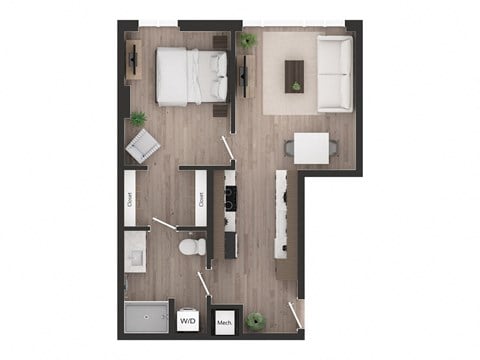 Floor plan for 1 bed, 1 bath, 629 sqft