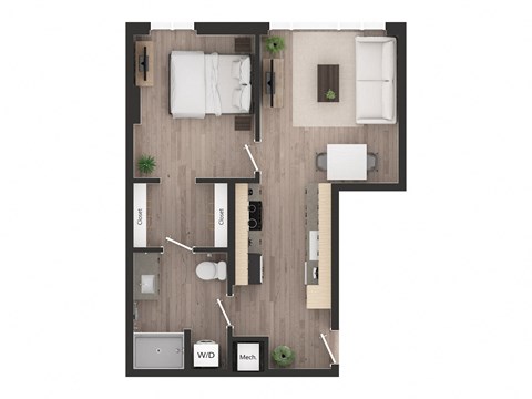 Floor plan for 1 bed, 1 bath, 609 sqft