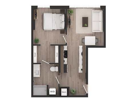 Floor plan for 1 bed, 1 bath, 590 sqft