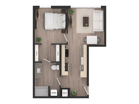 Floor plan for 1 bed, 1 bath, 571 sqft