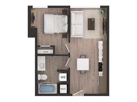 Floor plan for 1 bed, 1 bath, 492 sqft