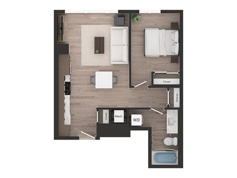 Floor plan for 1 bed, 1 bath, 591 sqft