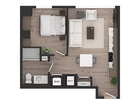 Floor plan for 1 bed, 1 bath, 536 sqft