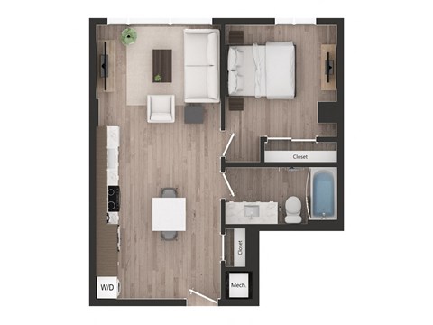 Floor plan for 1 bed, 1 bath, 604 sqft