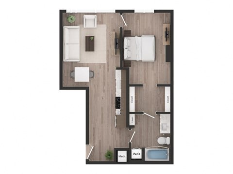 Floor plan for 1 bed, 1 bath, 646 sqft