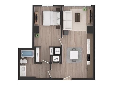 Floor plan for 1 bed, 1 bath, 683 sqft