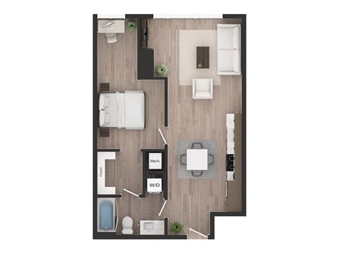 Floor plan for 1 bed, 1 bath, 706 sqft