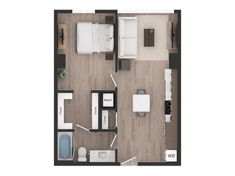 Floor plan for 1 bed, 1 bath, 615 sqft
