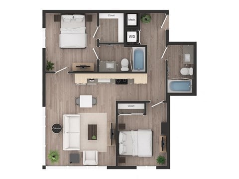 Floor plan for 2 beds, 2 baths, 899 sqft