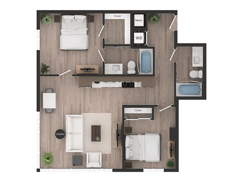Floor plan for 2 beds, 2 baths, 932 sqft