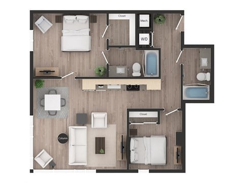 Floor plan for 2 beds, 2 baths, 961 sqft