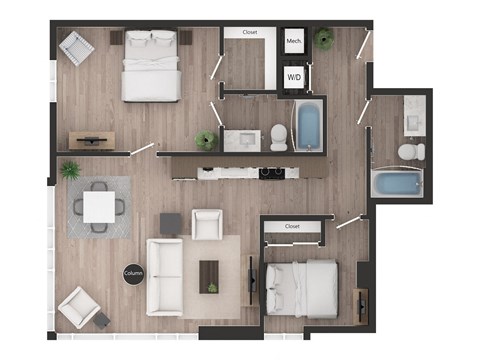 Floor plan for 2 beds, 2 baths, 988 sqft