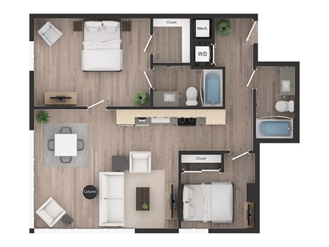 Floor plan for 2 beds, 2 baths, 1012 sqft