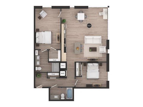 Floor plan for 2 beds, 2 baths, 1265 sqft