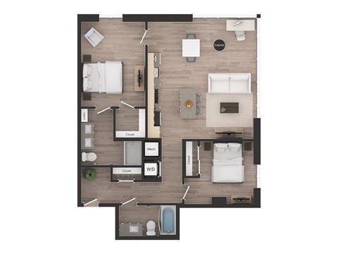 Floor plan for 2 beds, 2 baths, 1100 sqft