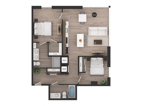 Floor plan for 2 beds, 2 baths, 1022 sqft