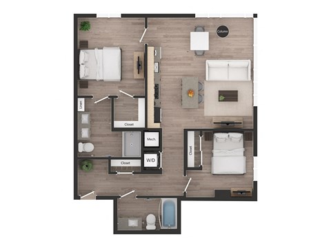 Floor plan for 2 beds, 2 baths, 946 sqft