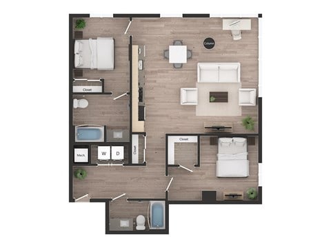 Floor plan for 2 beds, 2 baths, 1147 sqft